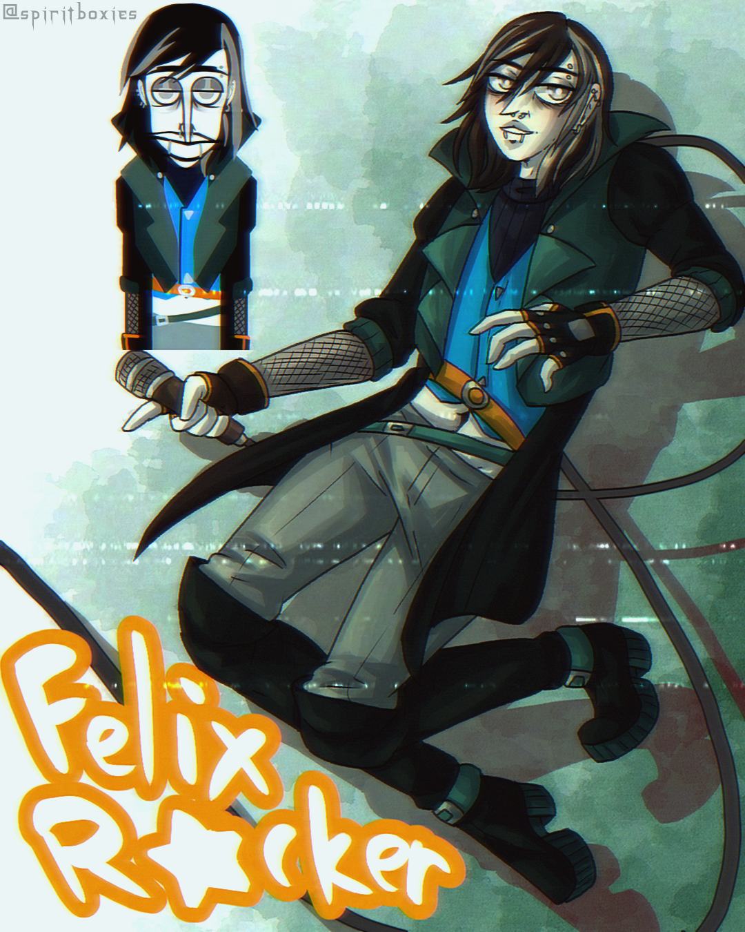 illustration of a much older version of follow with grey streaks in his hair. he's wearing a blue vest over a black turtleneck instead of his orange cropped top, but otherwise is wearing the same clothes as usual. a polo version of this design is in the top left. text in the bottom left reads 'felix rocker'